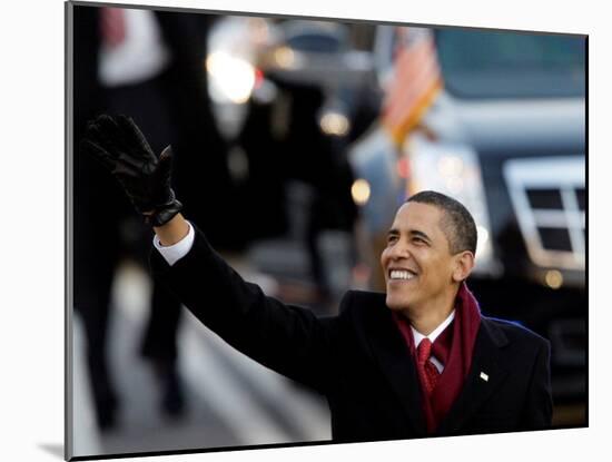 President Obama Waves as He Walks Down Pennsylvania Ave to the White House, January 20, 2009-null-Mounted Photographic Print