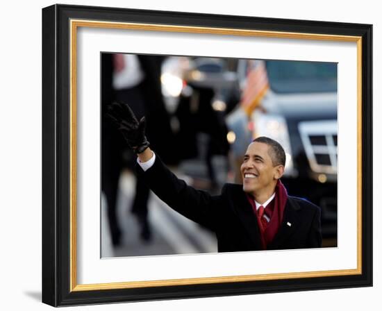 President Obama Waves as He Walks Down Pennsylvania Ave to the White House, January 20, 2009-null-Framed Photographic Print