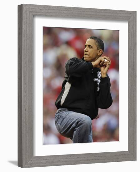 President Obama Winds Up to Throw Out the First Pitch During the MLB All-Star Baseball Game in St. -null-Framed Photographic Print