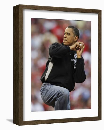 President Obama Winds Up to Throw Out the First Pitch During the MLB All-Star Baseball Game in St. -null-Framed Photographic Print