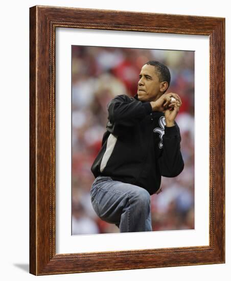 President Obama Winds Up to Throw Out the First Pitch During the MLB All-Star Baseball Game in St. -null-Framed Photographic Print