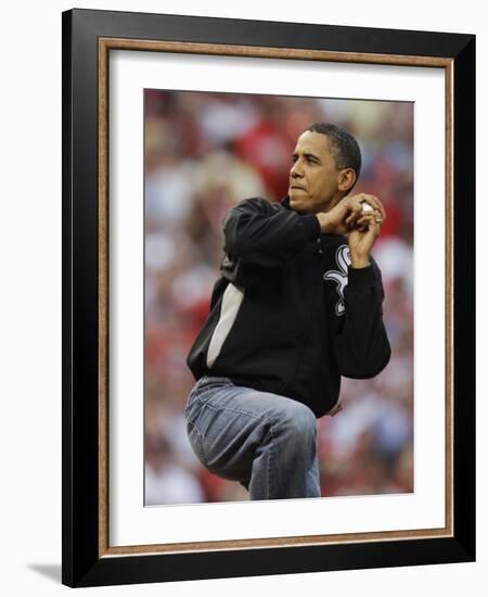 President Obama Winds Up to Throw Out the First Pitch During the MLB All-Star Baseball Game in St. -null-Framed Photographic Print