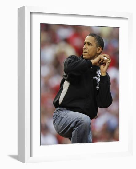 President Obama Winds Up to Throw Out the First Pitch During the MLB All-Star Baseball Game in St. -null-Framed Photographic Print