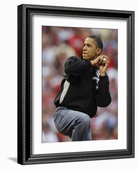 President Obama Winds Up to Throw Out the First Pitch During the MLB All-Star Baseball Game in St. -null-Framed Photographic Print