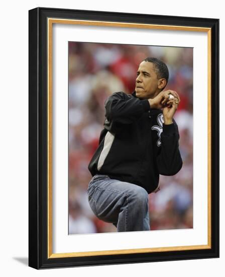 President Obama Winds Up to Throw Out the First Pitch During the MLB All-Star Baseball Game in St. -null-Framed Photographic Print