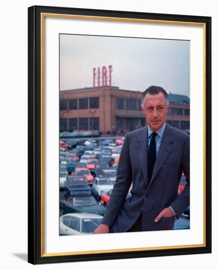 President of Fiat Gianni Agnelli Standing with Cars and Fiat Factory in Background-David Lees-Framed Premium Photographic Print