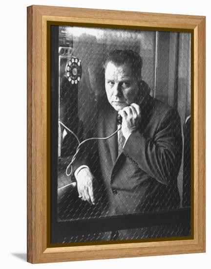 President of Teamsters Union Jimmy Hoffa Making Phone Call from Glassed-In Phone Booth-Hank Walker-Framed Premier Image Canvas