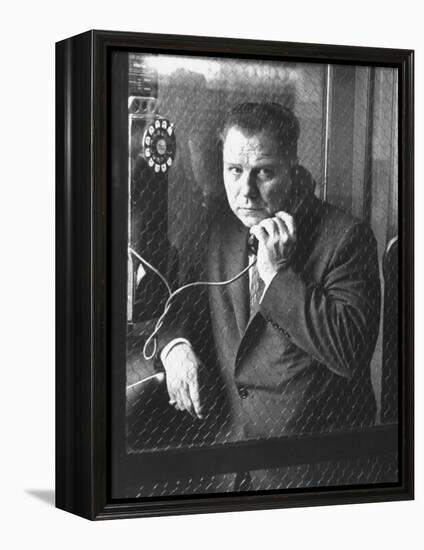 President of Teamsters Union Jimmy Hoffa Making Phone Call from Glassed-In Phone Booth-Hank Walker-Framed Premier Image Canvas