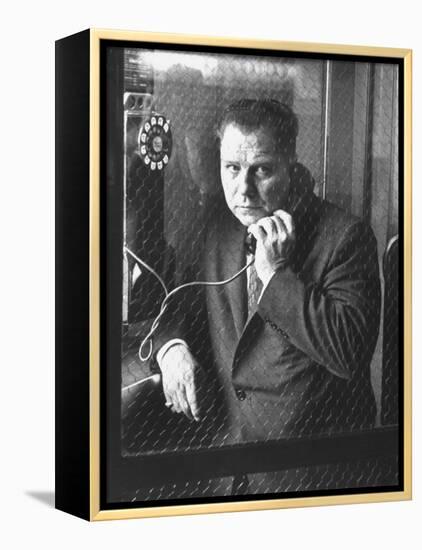 President of Teamsters Union Jimmy Hoffa Making Phone Call from Glassed-In Phone Booth-Hank Walker-Framed Premier Image Canvas