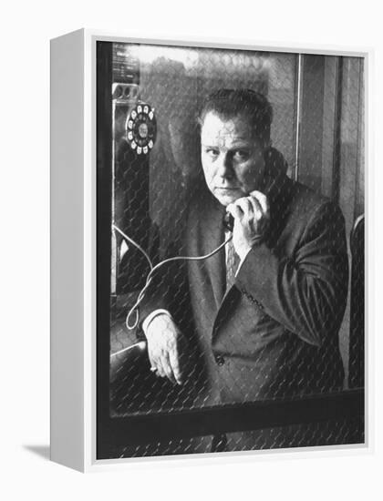 President of Teamsters Union Jimmy Hoffa Making Phone Call from Glassed-In Phone Booth-Hank Walker-Framed Premier Image Canvas