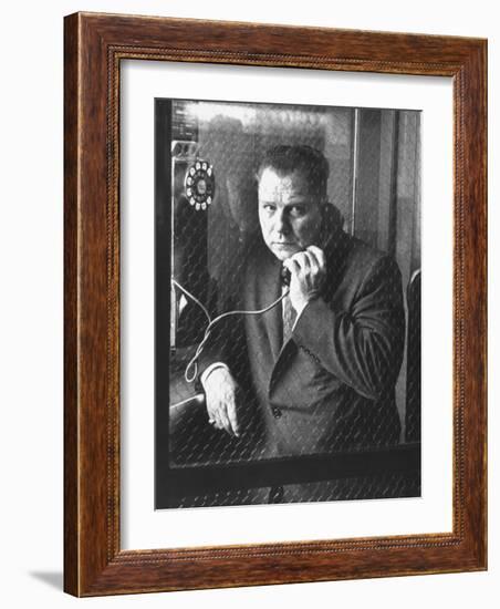 President of Teamsters Union Jimmy Hoffa Making Phone Call from Glassed-In Phone Booth-Hank Walker-Framed Premium Photographic Print