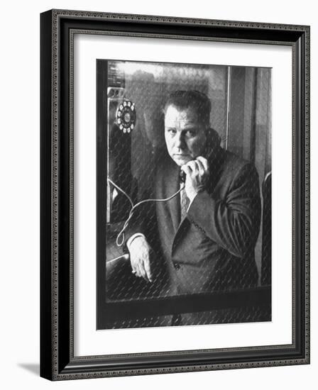 President of Teamsters Union Jimmy Hoffa Making Phone Call from Glassed-In Phone Booth-Hank Walker-Framed Premium Photographic Print
