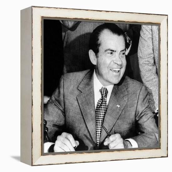 President Richard Nixon Smiles During a White House Signing Ceremony-null-Framed Stretched Canvas