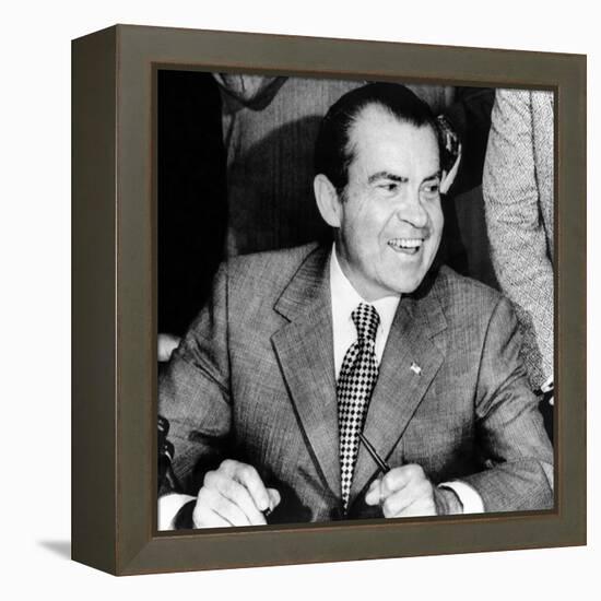 President Richard Nixon Smiles During a White House Signing Ceremony-null-Framed Stretched Canvas