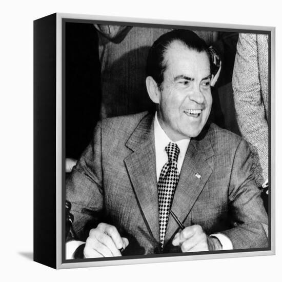 President Richard Nixon Smiles During a White House Signing Ceremony-null-Framed Stretched Canvas