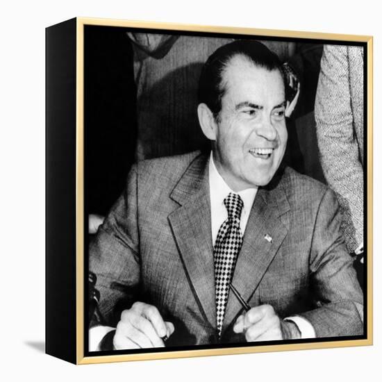 President Richard Nixon Smiles During a White House Signing Ceremony-null-Framed Stretched Canvas