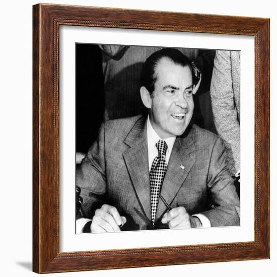 President Richard Nixon Smiles During a White House Signing Ceremony-null-Framed Photo