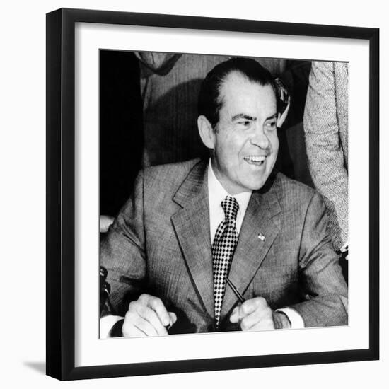 President Richard Nixon Smiles During a White House Signing Ceremony-null-Framed Photo
