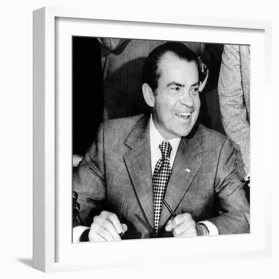 President Richard Nixon Smiles During a White House Signing Ceremony-null-Framed Photo