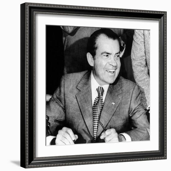 President Richard Nixon Smiles During a White House Signing Ceremony-null-Framed Photo