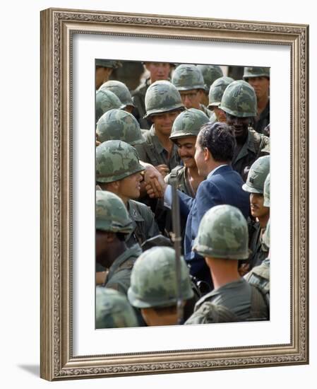 President Richard Nixon with Crowd of US Soldiers During Surprise Visit to War Zone in S. Vietnam-Arthur Schatz-Framed Photographic Print