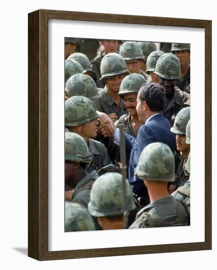 President Richard Nixon with Crowd of US Soldiers During Surprise Visit to War Zone in S. Vietnam-Arthur Schatz-Framed Photographic Print