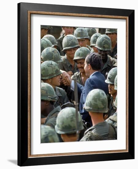 President Richard Nixon with Crowd of US Soldiers During Surprise Visit to War Zone in S. Vietnam-Arthur Schatz-Framed Photographic Print