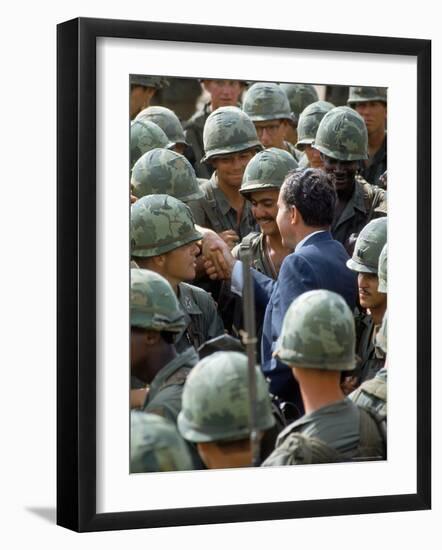 President Richard Nixon with Crowd of US Soldiers During Surprise Visit to War Zone in S. Vietnam-Arthur Schatz-Framed Photographic Print