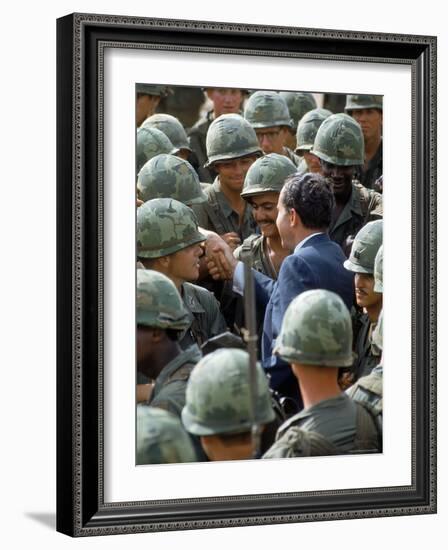 President Richard Nixon with Crowd of US Soldiers During Surprise Visit to War Zone in S. Vietnam-Arthur Schatz-Framed Photographic Print