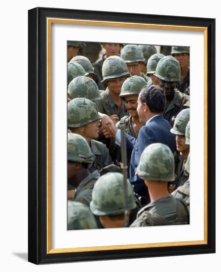 President Richard Nixon with Crowd of US Soldiers During Surprise Visit to War Zone in S. Vietnam-Arthur Schatz-Framed Photographic Print