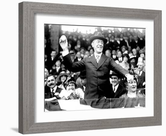 President Woodrow Wilson Throwing Out the First Ball, Opening Day, 1916-null-Framed Photo