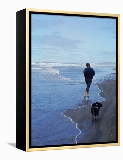 Presidential Candidate Bobby Kennedy and His Dog, Freckles, Running on an Oregon Beach-Bill Eppridge-Framed Premier Image Canvas