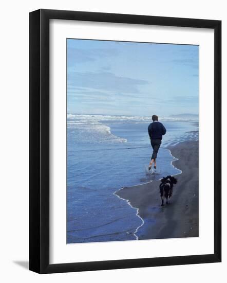 Presidential Candidate Bobby Kennedy and His Dog, Freckles, Running on an Oregon Beach-Bill Eppridge-Framed Premium Photographic Print