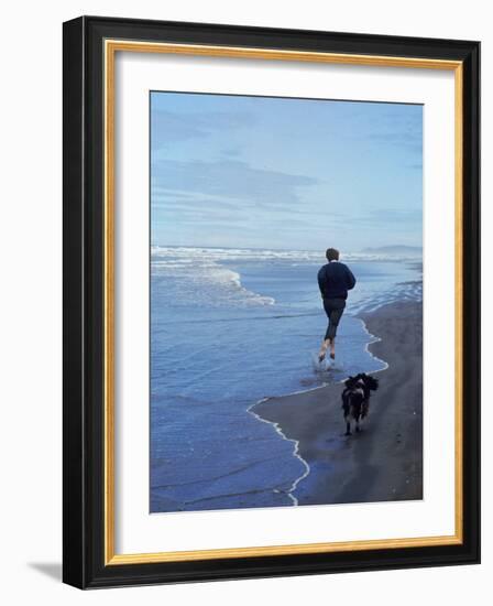 Presidential Candidate Bobby Kennedy and His Dog, Freckles, Running on an Oregon Beach-Bill Eppridge-Framed Premium Photographic Print