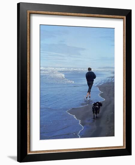 Presidential Candidate Bobby Kennedy and His Dog, Freckles, Running on an Oregon Beach-Bill Eppridge-Framed Photographic Print