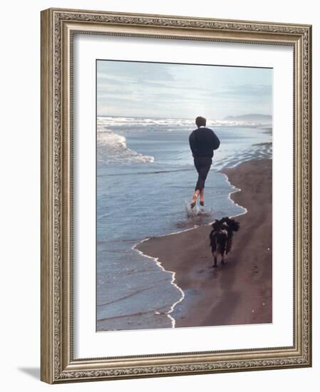 Presidential Candidate Bobby Kennedy and His Dog, Freckles, Running on Beach-Bill Eppridge-Framed Photographic Print