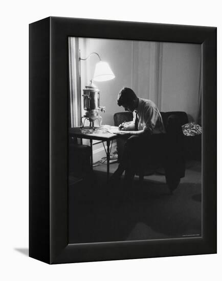 Presidential Candidate John F. Kennedy Makes Last Minute Notes in at Democratic National Convention-Hank Walker-Framed Premier Image Canvas