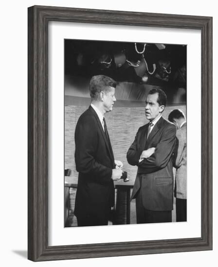 Presidential Candidate John F. Kennedy Speaking to Fellow Candidate Richard M. Nixon-Ed Clark-Framed Photographic Print