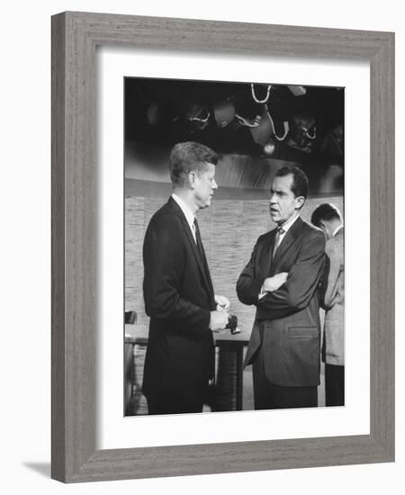 Presidential Candidate John F. Kennedy Speaking to Fellow Candidate Richard M. Nixon-Ed Clark-Framed Photographic Print