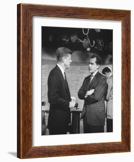 Presidential Candidate John F. Kennedy Speaking to Fellow Candidate Richard M. Nixon-Ed Clark-Framed Photographic Print