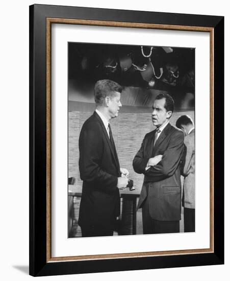 Presidential Candidate John F. Kennedy Speaking to Fellow Candidate Richard M. Nixon-Ed Clark-Framed Photographic Print