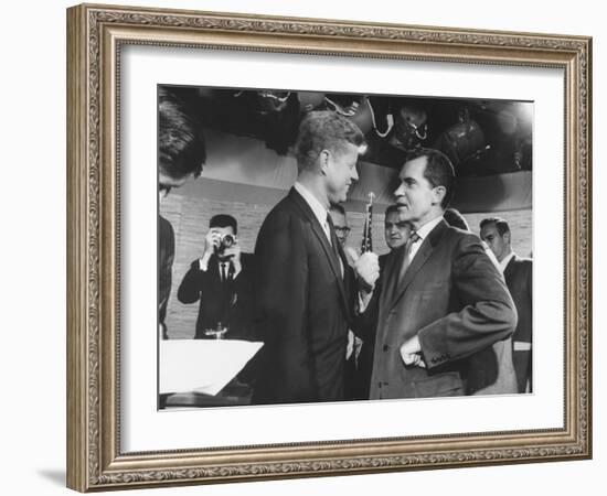 Presidential Candidate John F. Kennedy Speaking to Fellow Candidate Richard M. Nixon-Ed Clark-Framed Photographic Print