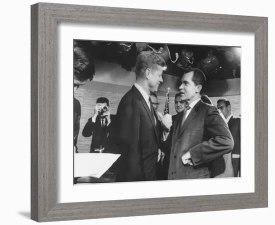 Presidential Candidate John F. Kennedy Speaking to Fellow Candidate Richard M. Nixon-Ed Clark-Framed Photographic Print