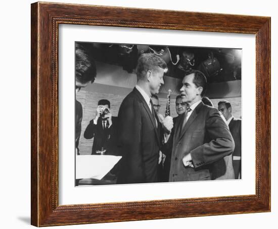 Presidential Candidate John F. Kennedy Speaking to Fellow Candidate Richard M. Nixon-Ed Clark-Framed Photographic Print