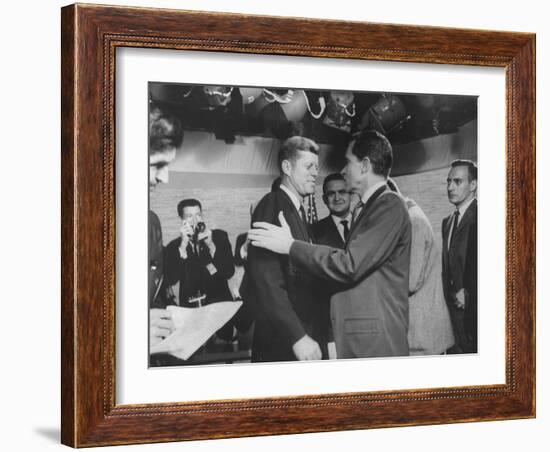 Presidential Candidate John F. Kennedy Speaking to Fellow Candidate Richard M. Nixon-Ed Clark-Framed Photographic Print