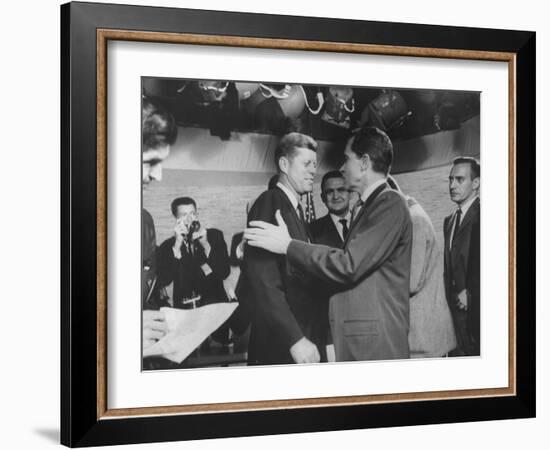 Presidential Candidate John F. Kennedy Speaking to Fellow Candidate Richard M. Nixon-Ed Clark-Framed Photographic Print