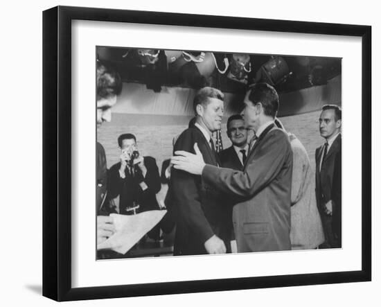 Presidential Candidate John F. Kennedy Speaking to Fellow Candidate Richard M. Nixon-Ed Clark-Framed Photographic Print