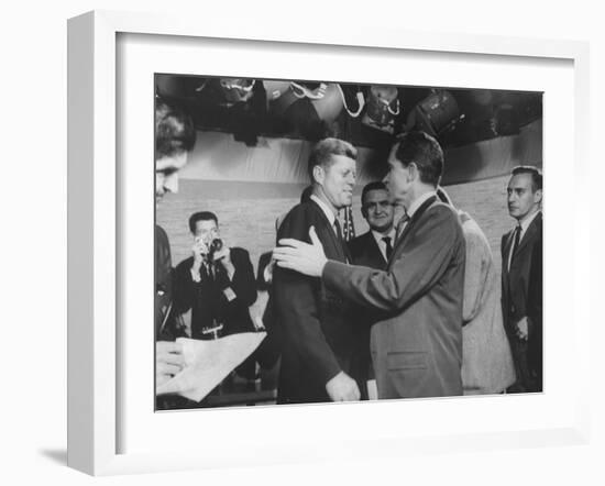 Presidential Candidate John F. Kennedy Speaking to Fellow Candidate Richard M. Nixon-Ed Clark-Framed Photographic Print