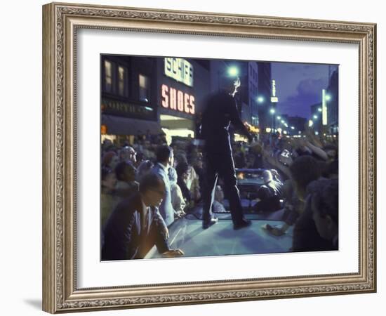 Presidential Candidate Robert Kennedy Standing on Back of Convertible Car While Campaigning-Bill Eppridge-Framed Photographic Print