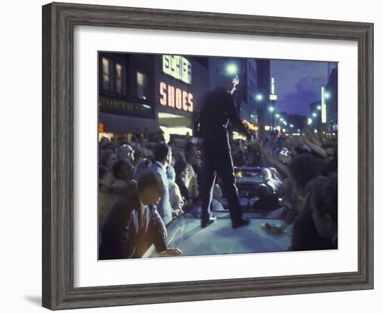 Presidential Candidate Robert Kennedy Standing on Back of Convertible Car While Campaigning-Bill Eppridge-Framed Photographic Print